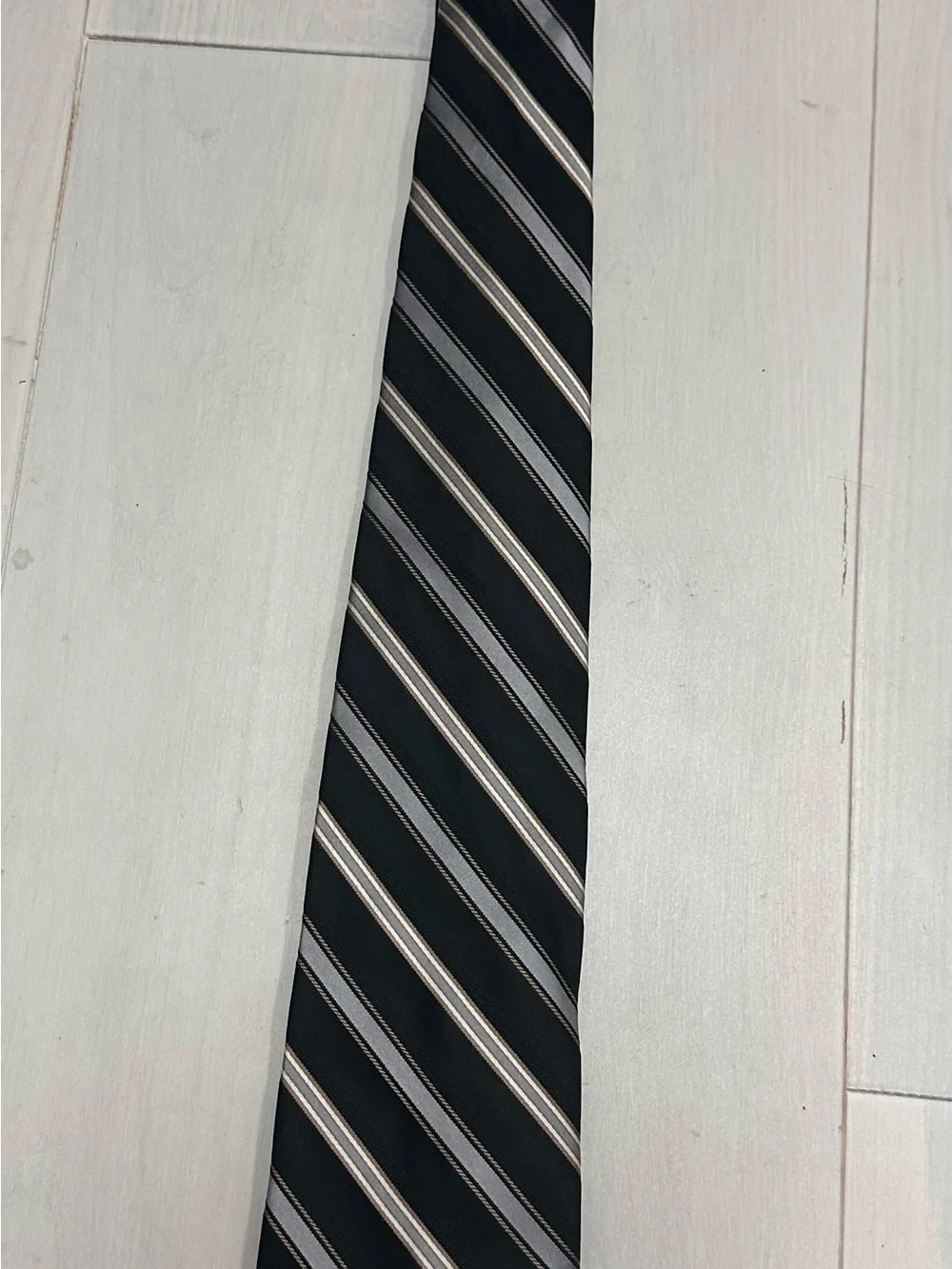 Jones New York Black Silk Tie with Gray and Brown Stripes